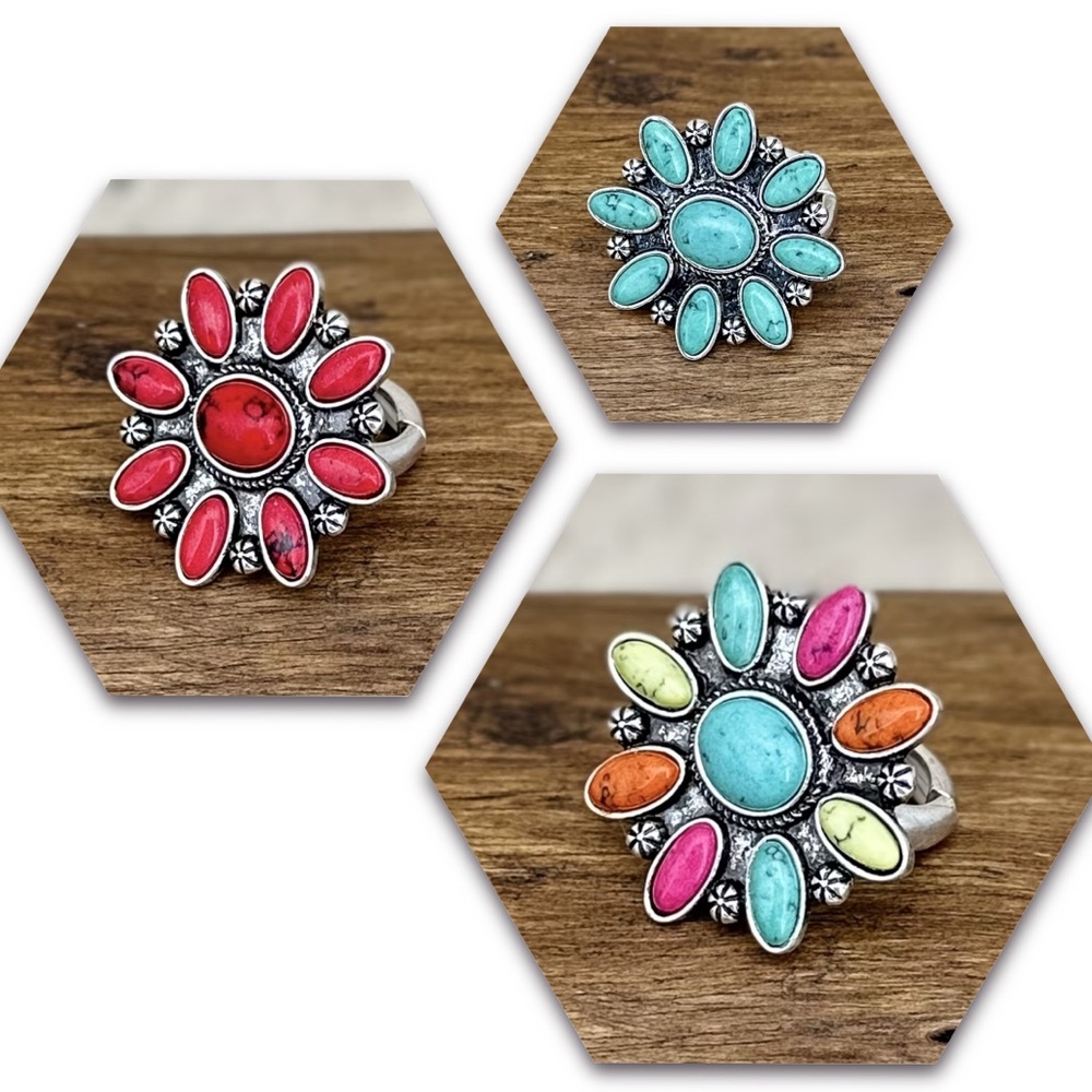 Bohemian Colorful Floral Gemstone Ring Set 3 pack